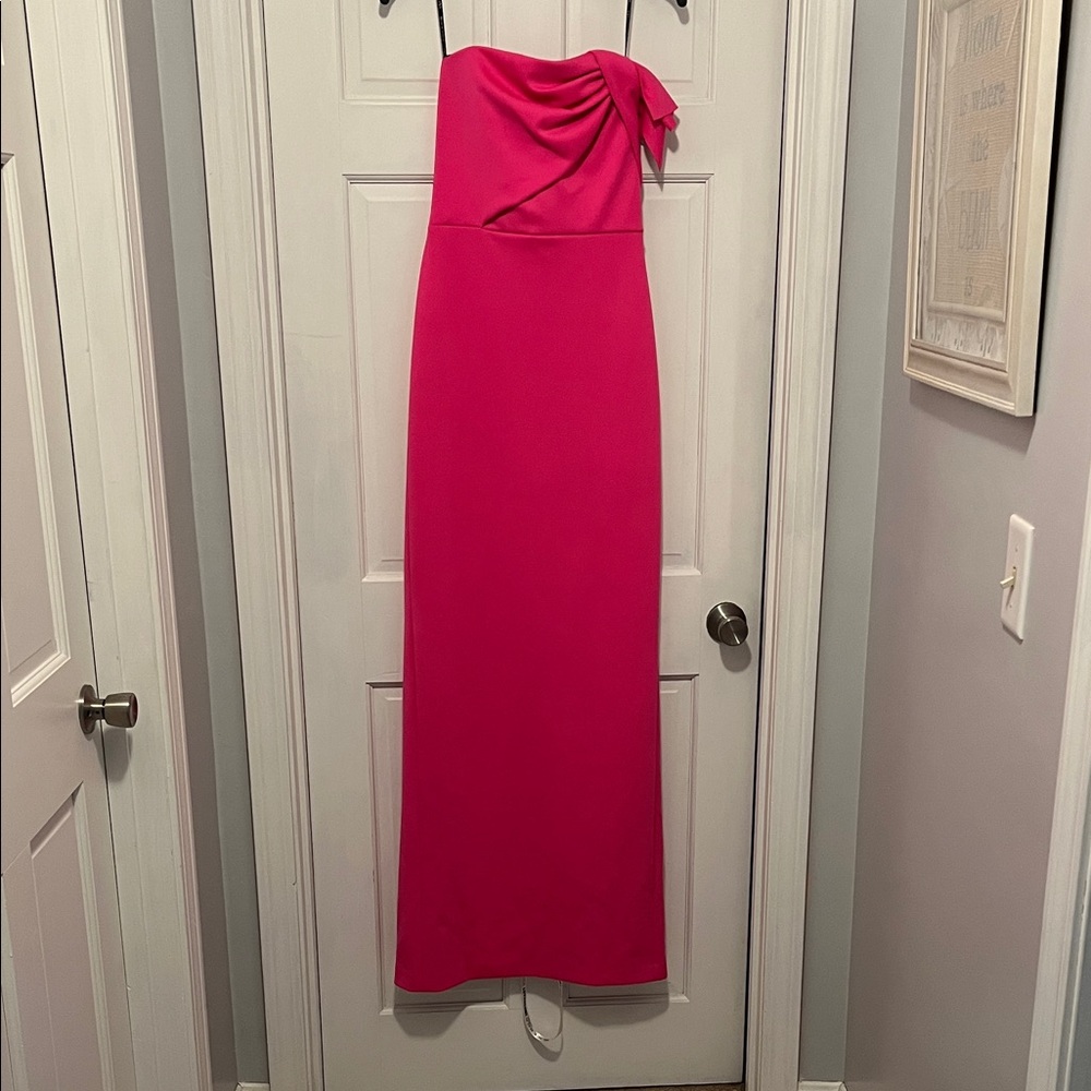 Black Halo Eve Strapless Hot Pink Floor-Length Evening Dress w Side Bow Detail